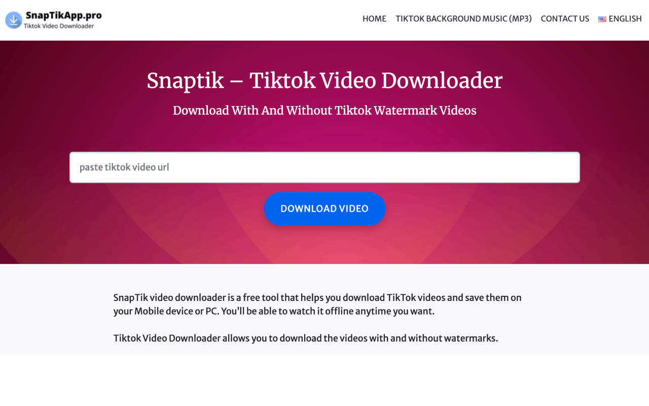 TikTok video downloader: Bạn đã tạo ra một video TikTok tuyệt vời và muốn tải xuống để chia sẻ với bạn bè và gia đình? Không có gì đáng lo ngại! Hãy sử dụng trình tải TikTok chuyên nghiệp của chúng tôi để tải xuống video một cách dễ dàng và nhanh chóng. Hãy tận hưởng các video TikTok của mình mọi lúc, mọi nơi chỉ với vài thao tác đơn giản.